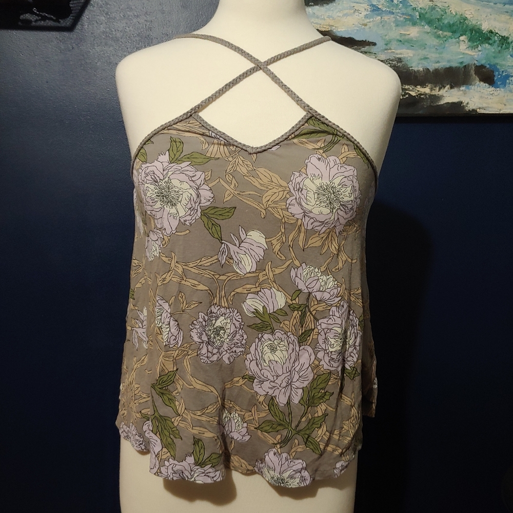 3/$10 Wild Pearl Cross Strap Floral Tank S